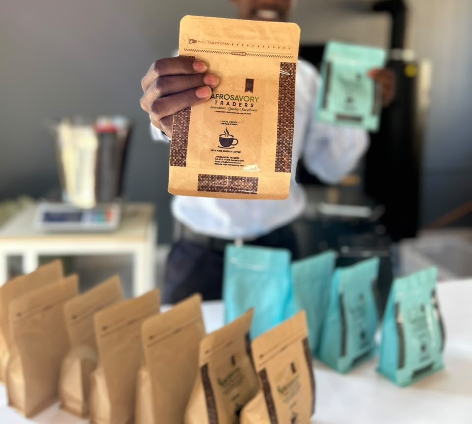 Afrosavory branded coffee packaging and product presentation