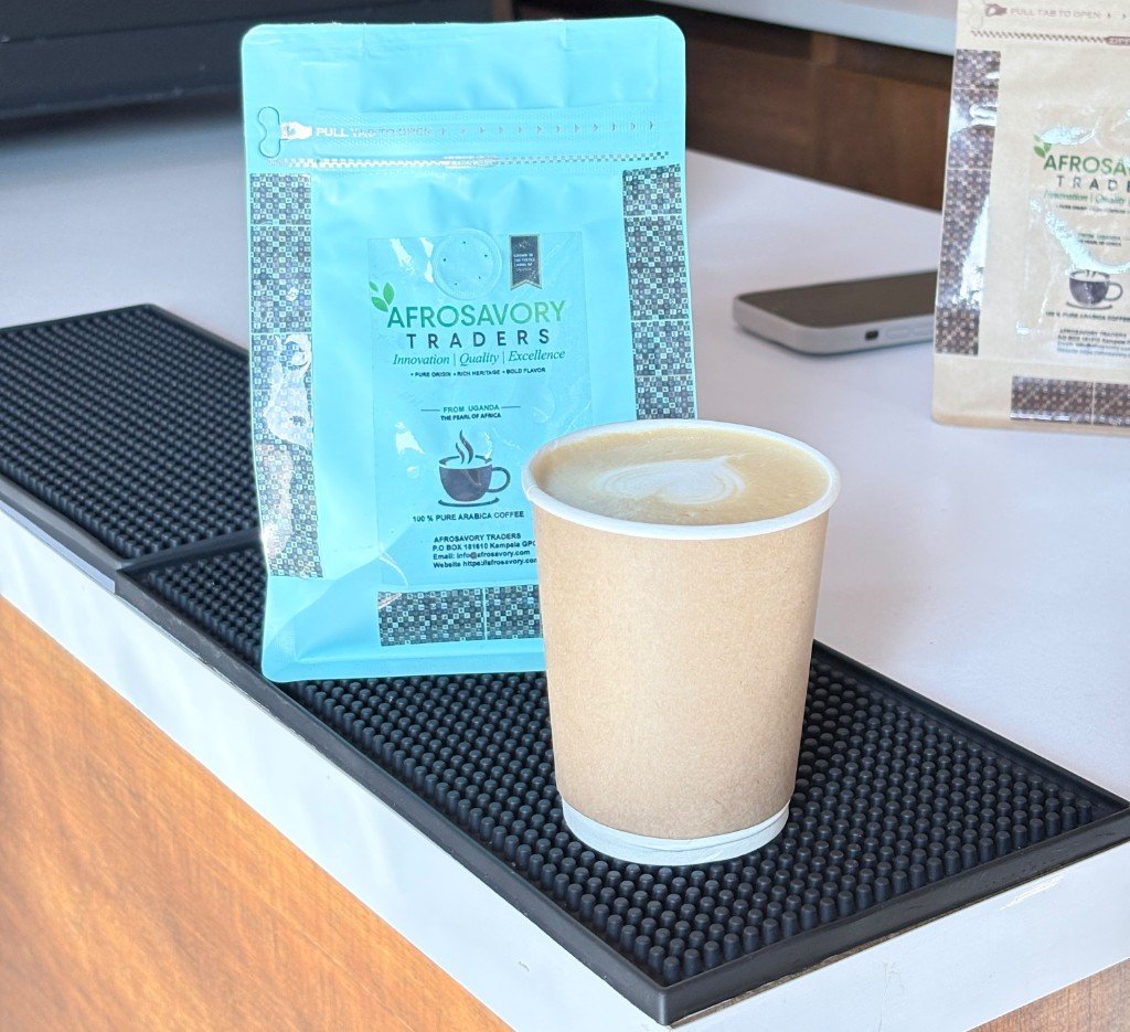 Afrosavory branded coffee packaging and prepared coffee