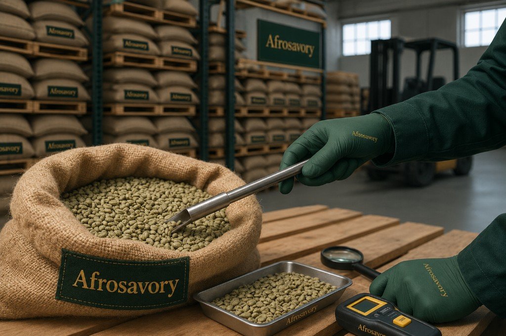 Afrosavory export-grade coffee quality inspection in warehouse