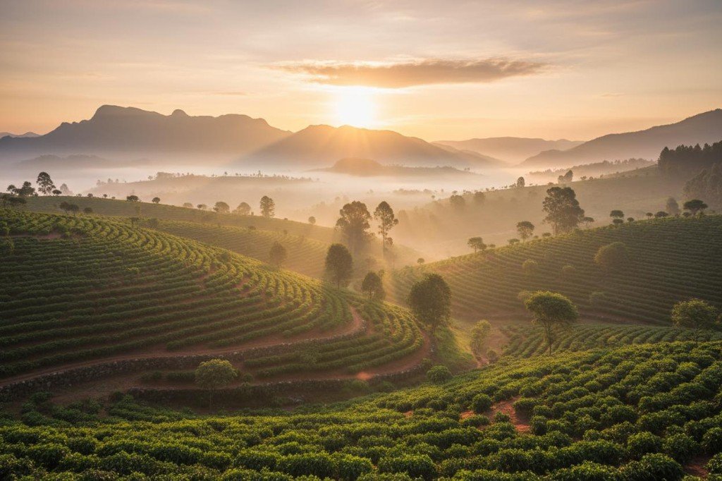 East African coffee plantations at sunrise